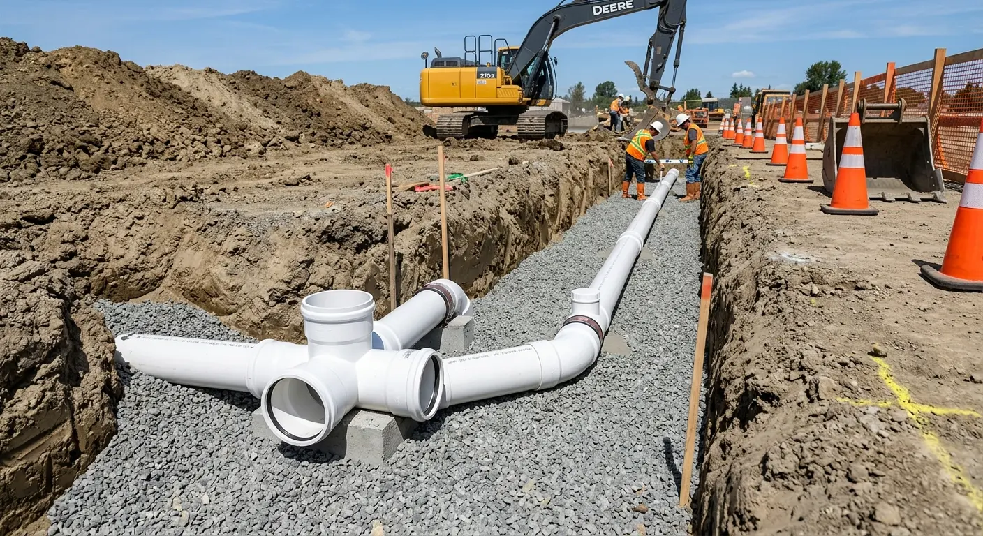 New PVC sewer pipe installation in open trench for Grease Trap Cleaning in Columbia