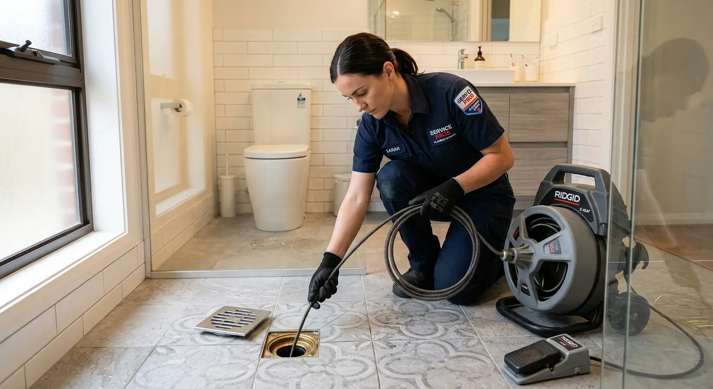 Technician clearing a bathroom floor drain for Drain Repair in Columbia